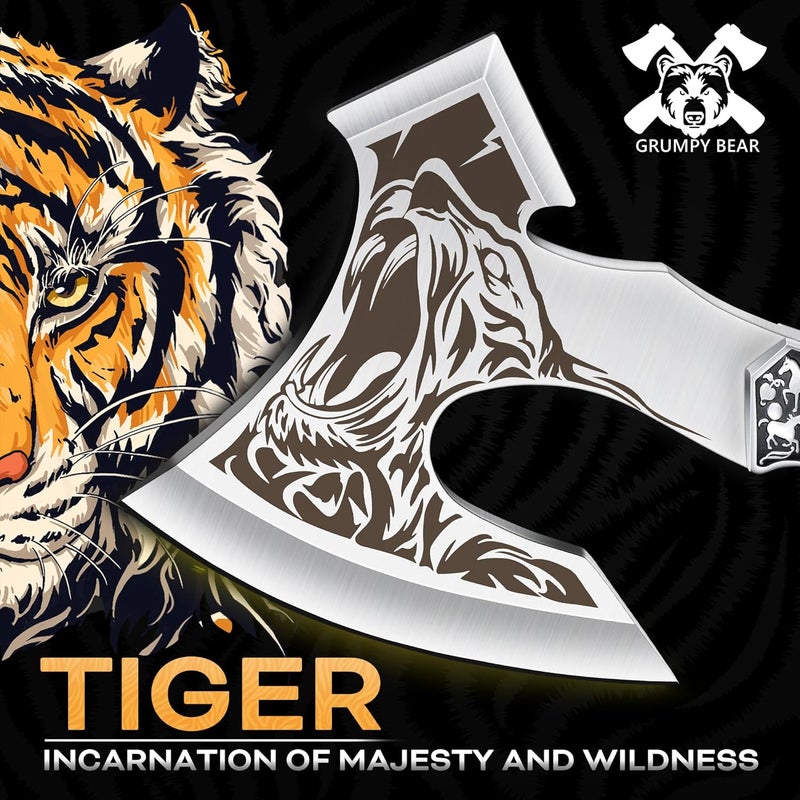 GRUMPY BEAR Camping Hatchet with Tiger Carving, Full Tang Outdoor Axe with Decorative Handle, Durable Forged Blade for Hiking, Bushcraft, and Survival - Image 2